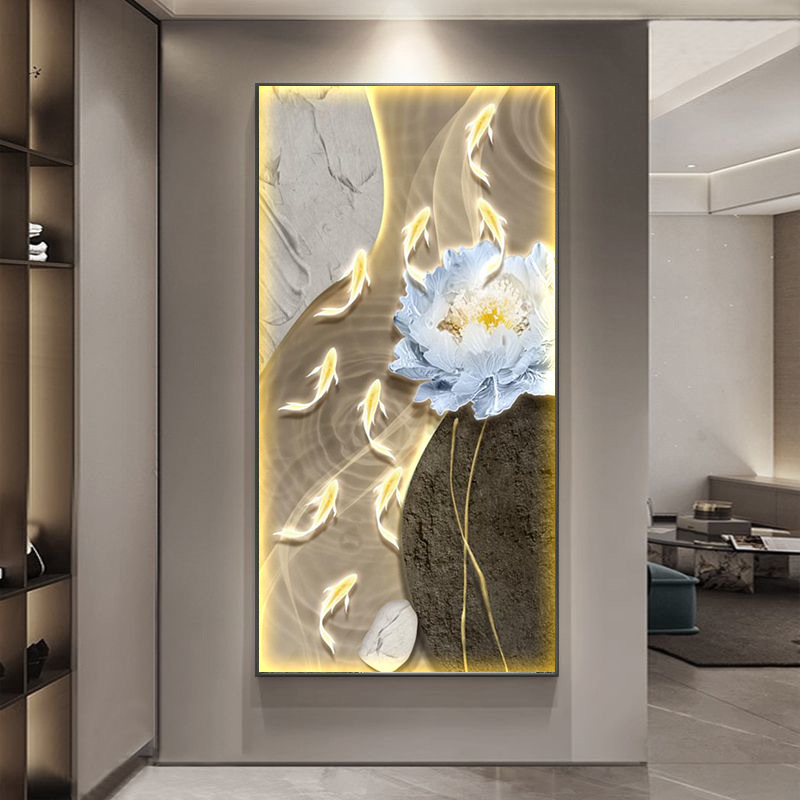 轻奢九鱼图入户玄关装饰画寓意好荷花走廊过道挂画客厅发光壁画灯|undefined