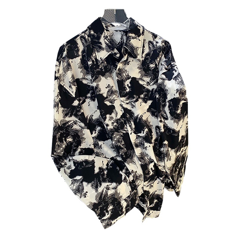 Camisa de verano para hombre de manga larga delgada drapeado camisa de protección solar sin planchar volantes guapo camisa impresa de pintura de tinta de alto grado