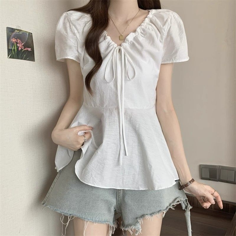 Thai Wholesale Plus-Size V-Neck Short-Sleeve Shirt for Women, Summer Large Size Waist-Cinching Babydoll Puffy Top