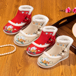 Hanfu shoes girls' ancient style boots children's embroidered shoes winter fleece-lined baby Tang suit matching vest skirt cotton shoes