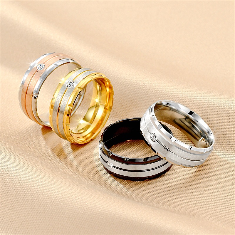 Daily, Street Occasion Titanium Steel Material Wholesale Jewelry Modern Style Simple Style Round Titanium Steel Artificial Diamond 18K Gold Plated Inlay Wide Band Ring
