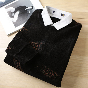 Remove Cabinet fleece-lined thickened chenille sweater men's autumn and winter warm fake two-piece Men's sweater top 4D104