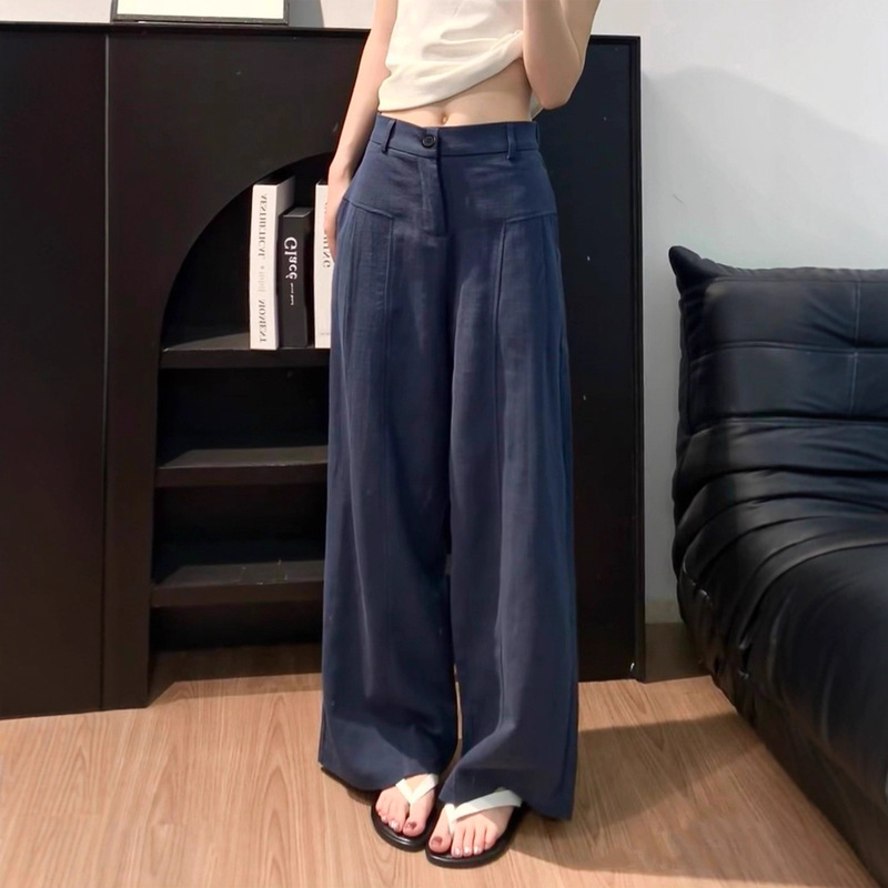 Navy Blue Linen and Ramie Wide-Leg Pants for Women, Summer Thin High-Waisted Old Money Style Straight-Leg Cotton-Linen Casual Pants
