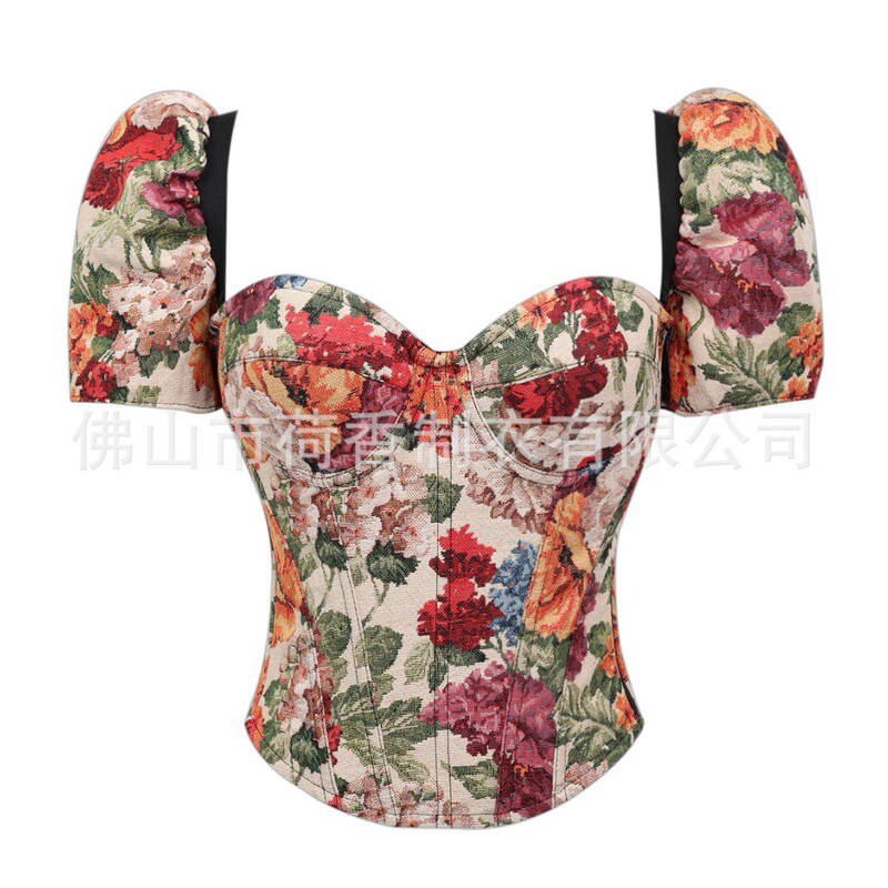 Oil Painting Retro Fishbone Top with Detachable Sleeves, Slimming Waist Dress, Bone Shaping Corset for Outer Wear