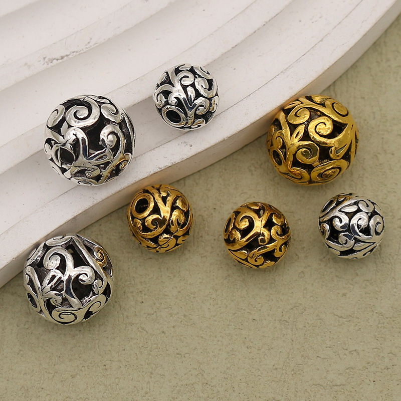 Ancient Gold and Silver Xizang Silver Hollow Flower Ball Loose Beads Bracelet Tassel Lanyard Transfer Beads DIY Jewelry Accessories