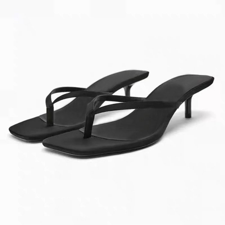 Chanclas de Tacón Kitten de Tela, Cabeza Cuadrada y Tacón Delgado, para Verano y Vacaciones