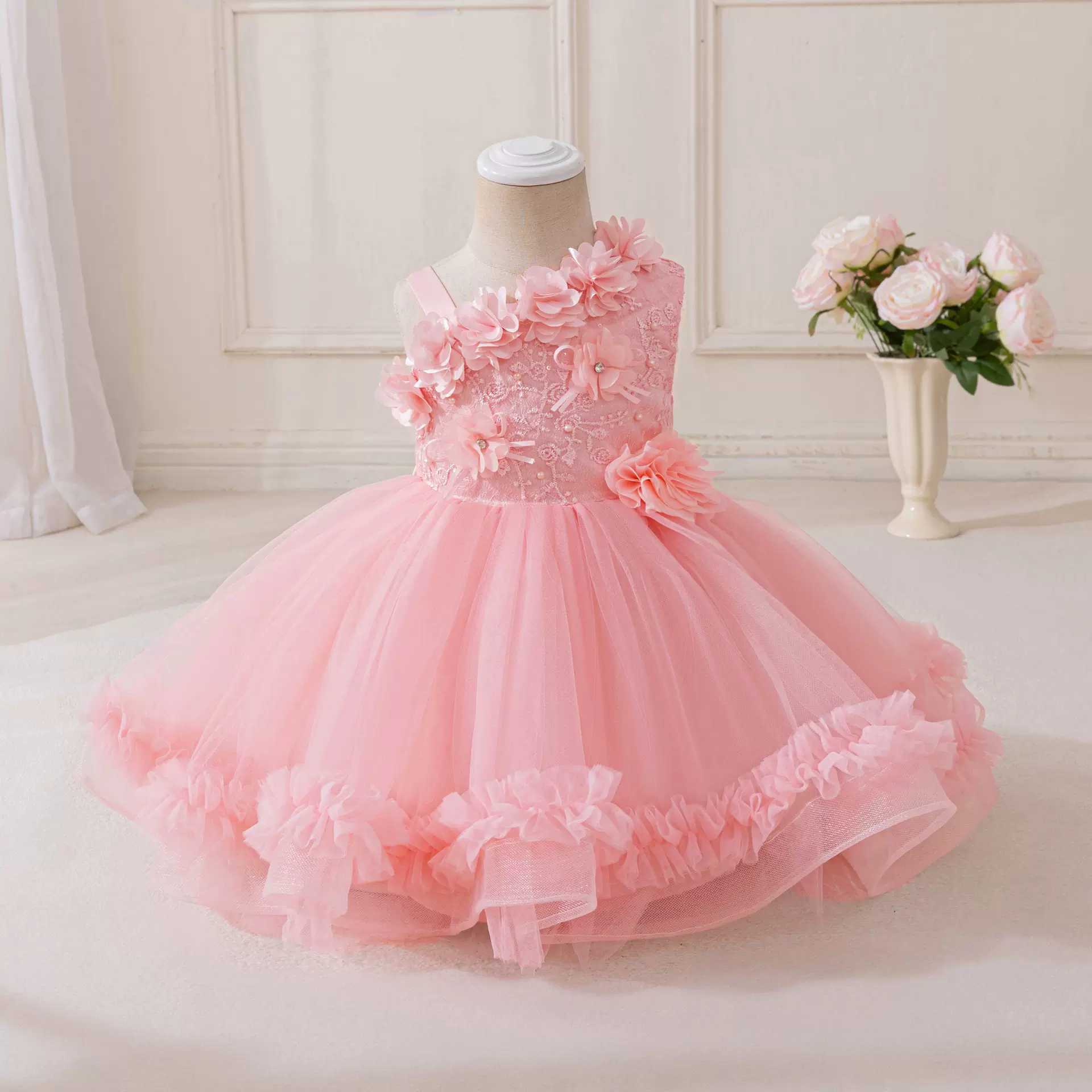 跨境儿童演出礼服半吊带亮片公主裙女童宝宝周岁礼服裙蓬蓬裙纱裙