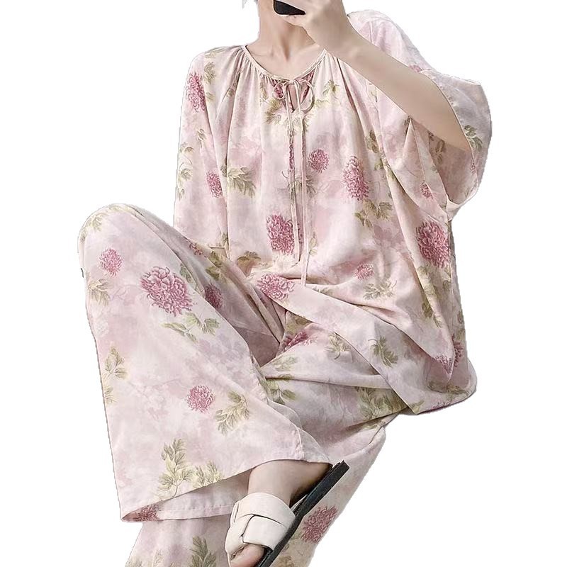 2025 新しい女の子甘い春綿シルクパジャマ女性の長袖ズボン大きいサイズツーピーススーツホームウェアセット|undefined