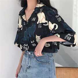 夏季宽松短袖衬衫女猫咪印花设计感小众超仙衬衣少女bf很仙的上衣