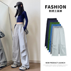 美式速干刺绣工装运动裤女春秋新款宽松高腰显瘦垂感休闲阔腿长裤