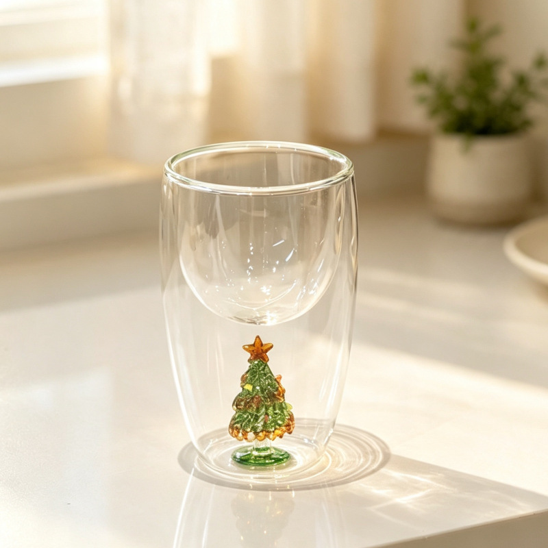 Double-layer high borosilicate glass cup with 3D watermelon, grape, cherry, and pineapple designs on the bottom. Customizable home juice cup Double-layer high borosilicate glass cup with 3D watermelon, grape, cherry, and pineapple designs on the bottom. Customizable home juice cup