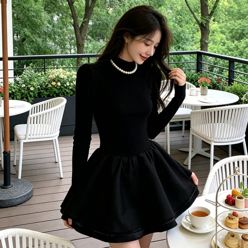 Black half-turtleneck dress, women's fitted A-line skirt, short skirt, perfect as an inner layer or base dress, little black dress, New Year's outfit