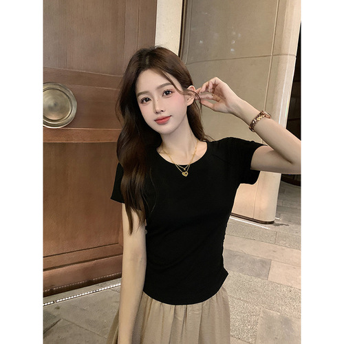Chic Mini V-Neck T-Shirt for 2025 Summer, Back Cut Design, Body-Con Folded Waist Short-Sleeve Top for Women