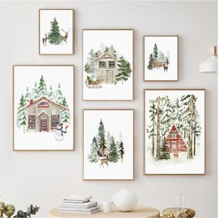 Christmas Decoration Pine Forest Elk Snowman Christmas Tree Chalet Bedroom Living Room Background Wall Canvas Decorative Painting