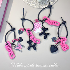 ins風玫紅氣球狗卡套鑰匙扣辣妹愛心粉色蝴蝶結鑰匙扣掛件掛飾鏈