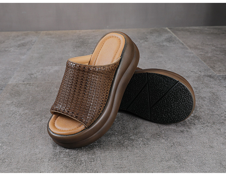 Dép sandal nữ quai chữ V đế dày da bò thật mềm chống trượt — màu nâu chi tiết 11