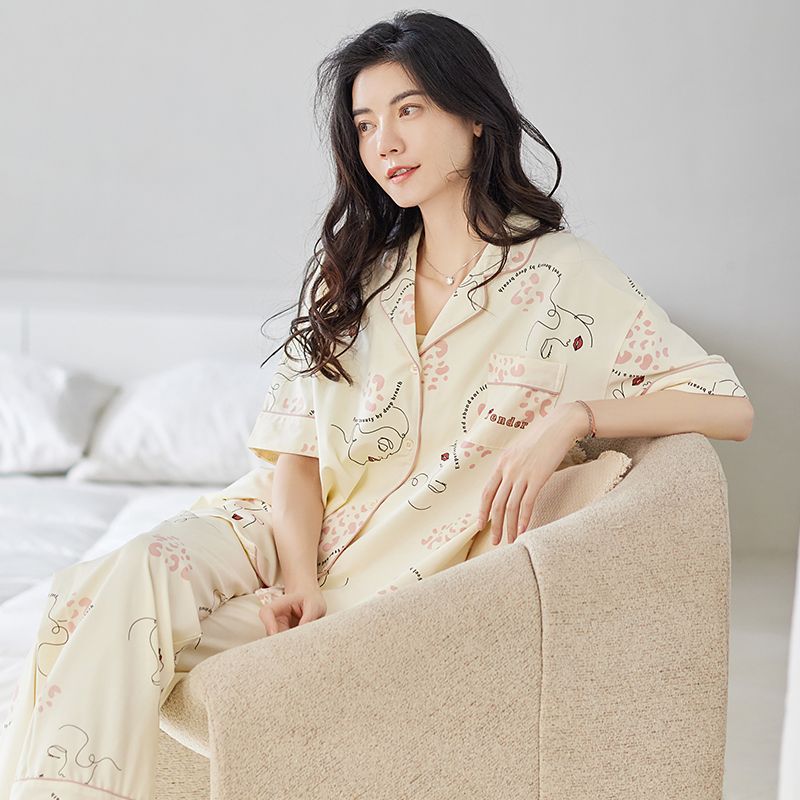 100% pijamas de algodón de verano de las mujeres pantalones de manga corta cardigan dulce verano Delgado homewear traje