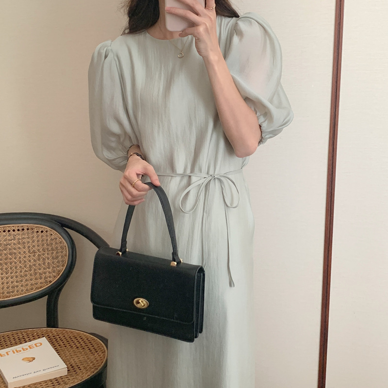 2022 small mind is in the details retro puff sleeve hollow design lace-up dress