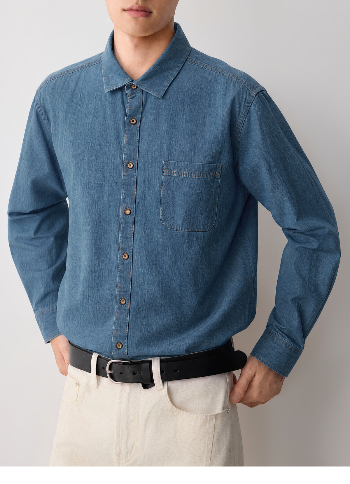 Áo sơ mi denim nam phong cách công sở, chất liệu cotton thoáng mát — màu xanh nhạt chi tiết 30