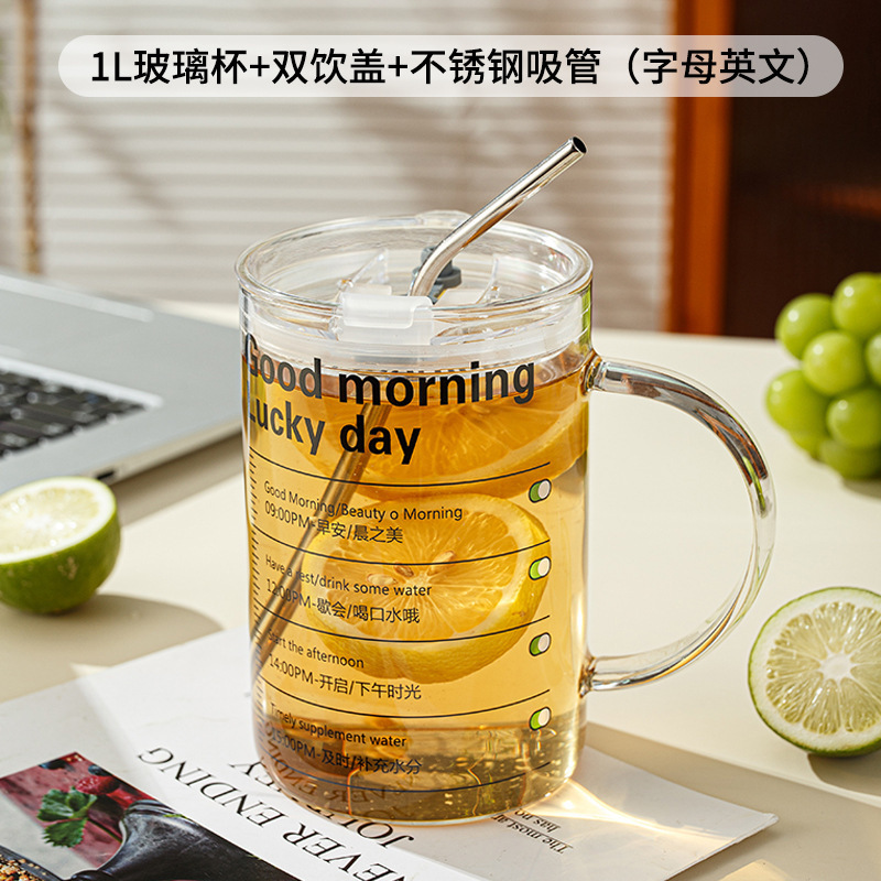 杯子耐高温办公室把手杯超大容量玻璃杯宿舍1L喝水杯高硼硅吸管杯|undefined