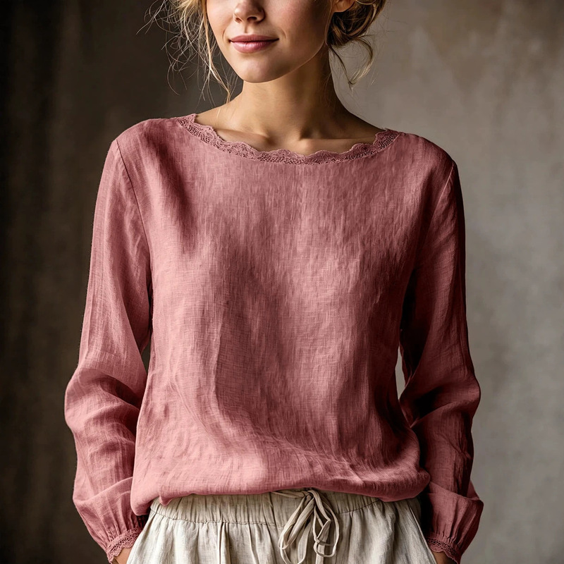 Cross-border autumn and winter women's casual and elegant round-neck lace-trimmed simple retro literary versatile everyday long-sleeve shirt Cross-border autumn and winter women's casual and elegant round-neck lace-trimmed simple retro literary versatile everyday long-sleeve shirt