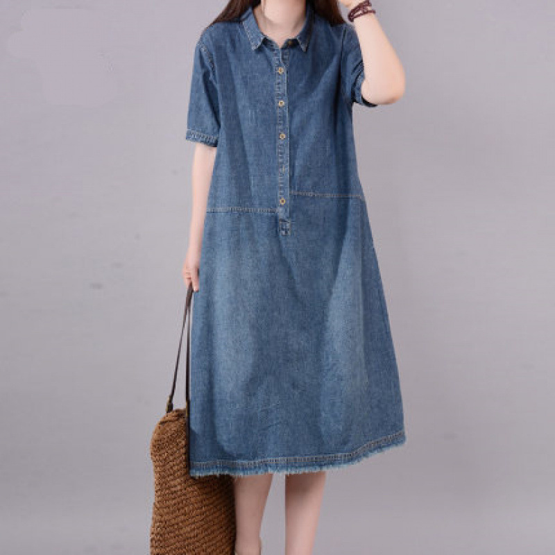Real Shot of Export Cross-Border 2025 Summer Literary Loose Large Size Women's Mid-Length White Short-Sleeved Denim Dress Real Shot of Export Cross-Border 2025 Summer Literary Loose Large Size Women's Mid-Length White Short-Sleeved Denim Dress