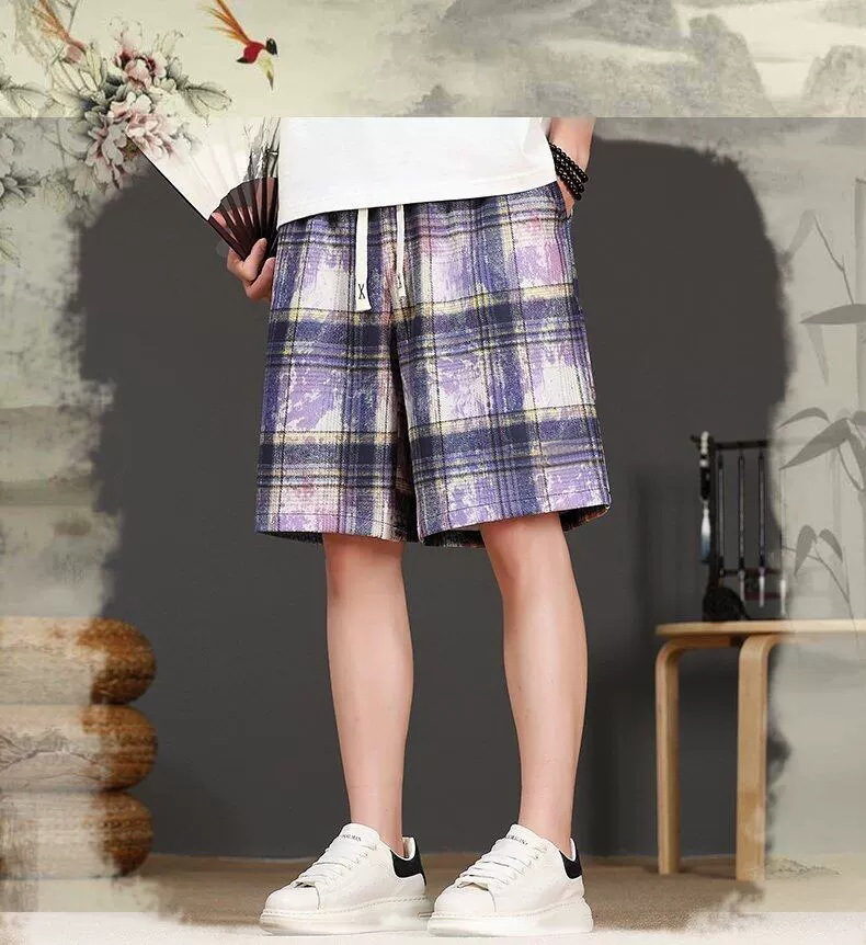 Men's Tie Dye Plaid Shorts High Street Trendy Summer Thin Casual Retro Style Loose Five Point Pants_viptrois.com