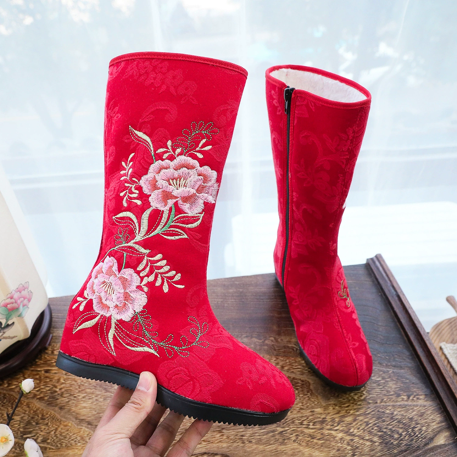Полупальто Hanfu с вышивкой, Boots, обувь до икры, хлопковая подкладка, размеры 34–41