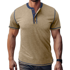 2025年夏 半袖ヘンリーシャツ メンズ ラウンドネックTシャツ Amazon カラーブロックトップス メンズウェア 通気性