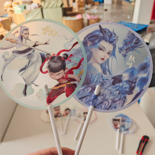 Cartoon Creative Nezha-Shaped Rocking Fan Chopstick Handle Round Fan Creative Frosted Summer Essential Hand Fan Wholesale