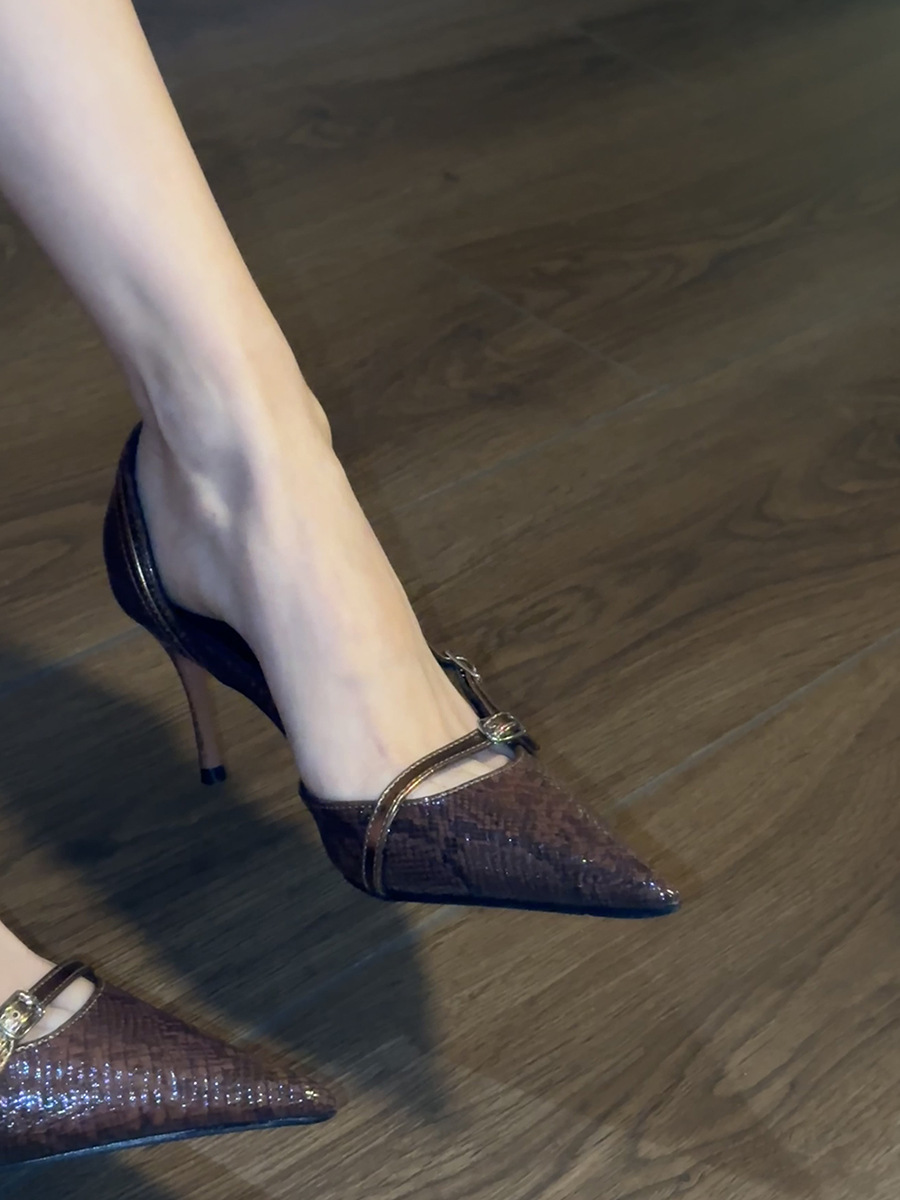 Braune Retro Stilettos Mit Schlangenmuster Spitze Pumps Damen_voghion.com