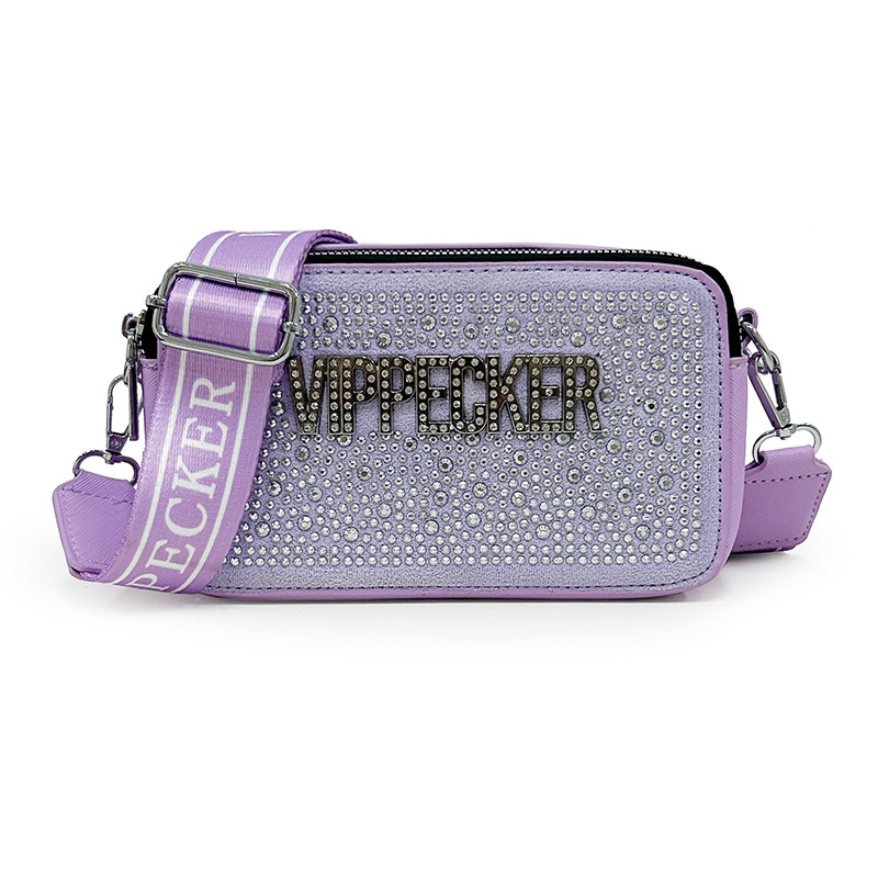 Bolso bandolera ancho Bolso cuadrado pequeño de diamantes de imitación de estilo explosivo popular Mujer 2025 Bolso de cámara de moda de nuevo estilo transfronterizo