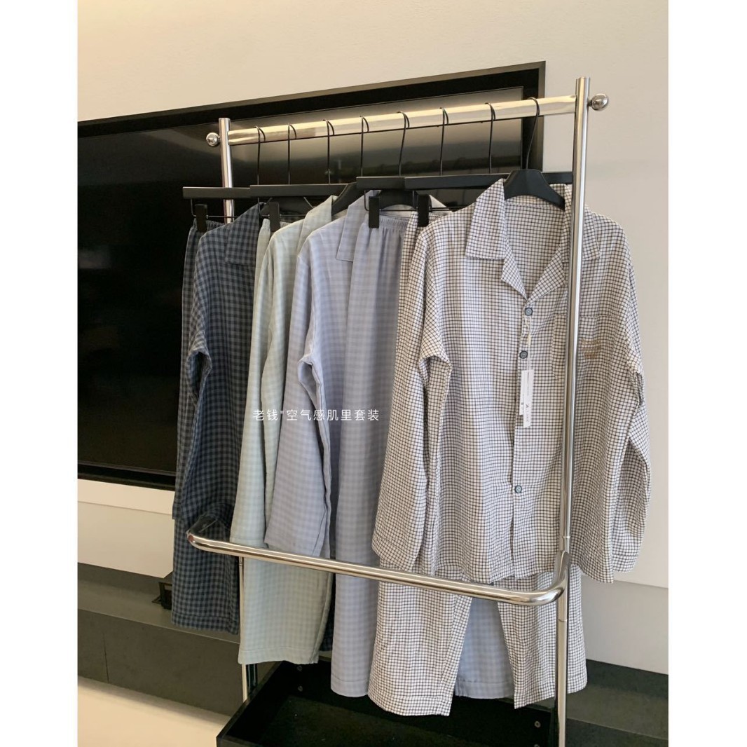 031 # Laqian Air Skin Suit Men's Pajamas Breathable Air Cotton Yarn Long Sleeves and Trousers Home Clothes Autumn and Winter