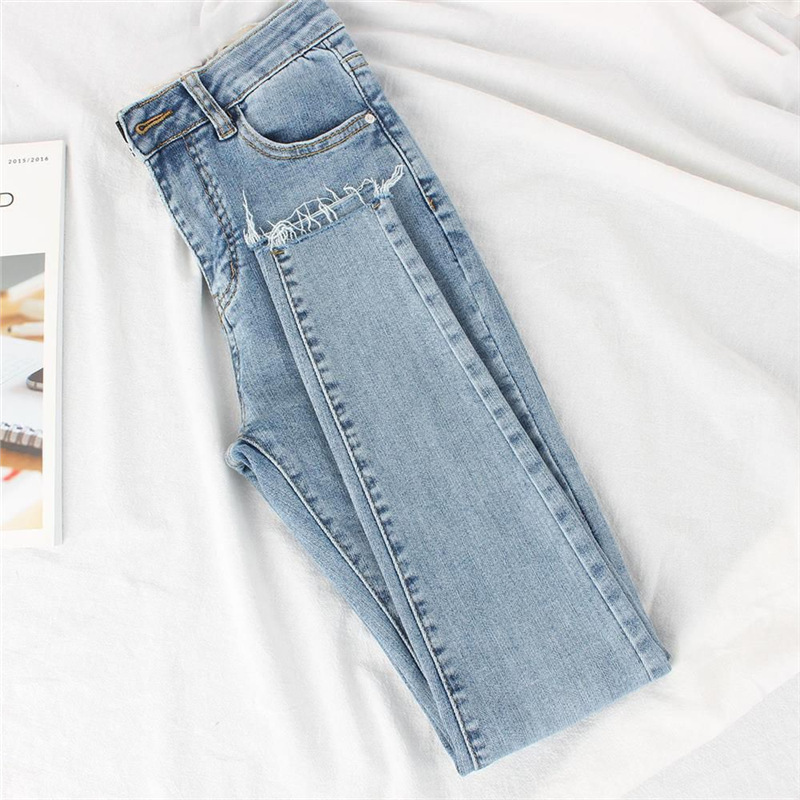 Light Blue Women's Jeans 2026 Summer Thin High-Waisted Slim-Fit Stretchy Frayed Hem Skinny Ankle-Length Pencil Pants
