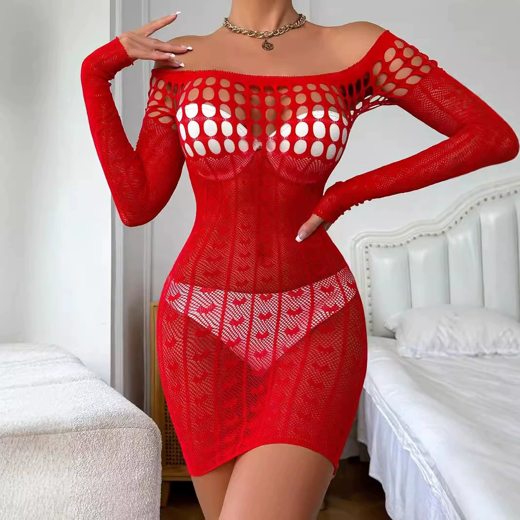 欧美外贸情趣内衣爱心图案一字肩连体包臀裙性感诱惑套装女