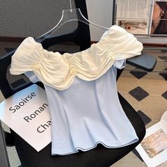 法式一字肩荷叶边短袖t恤女夏季新款修身短款独特绝美洋气短上衣
