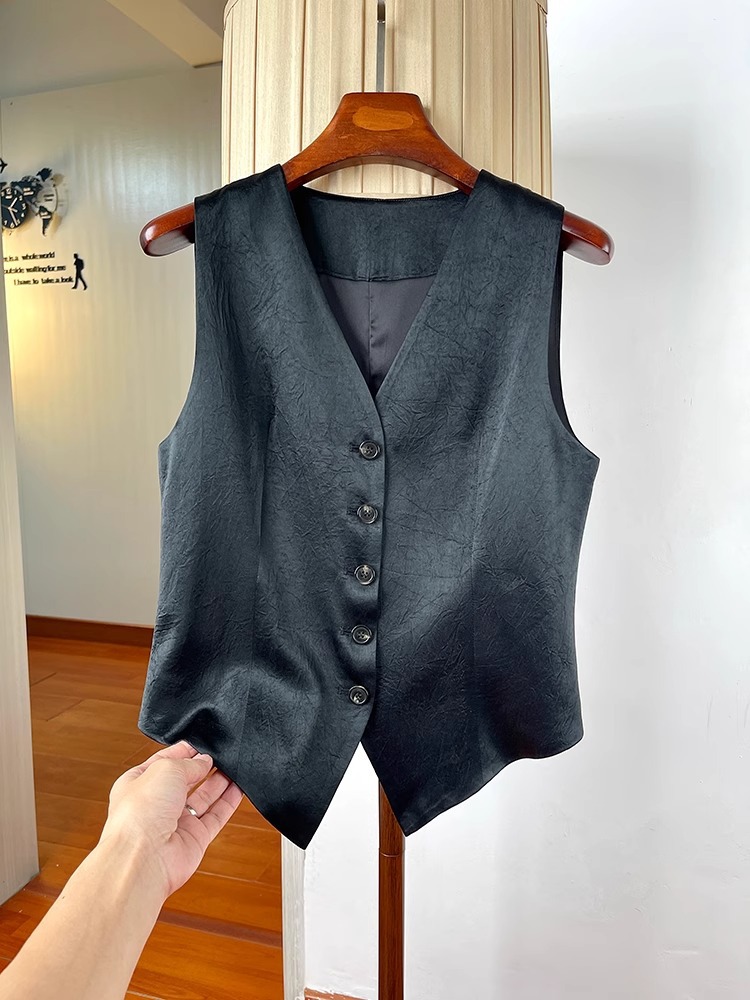 Nuevo chaleco de satén de ácido acético chino para mujer, verano nuevo estilo, temperamento de alta gama, chaleco casual, cuello en v, top sin mangas