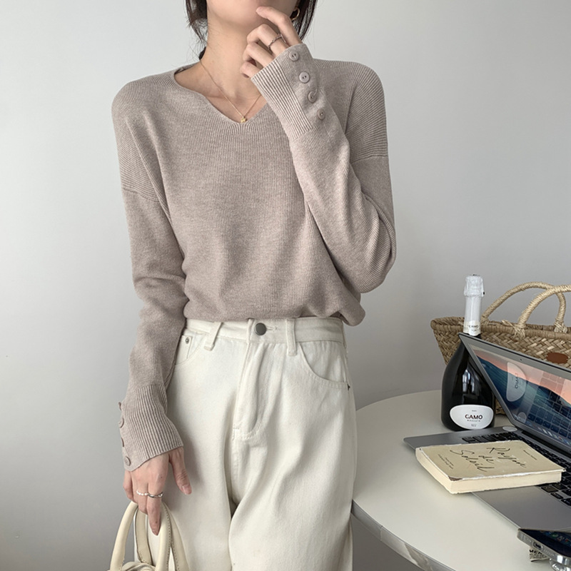 百搭针织打底衫秋季韩版v领宽松内搭套头纯色毛衣女长袖显瘦上衣|undefined