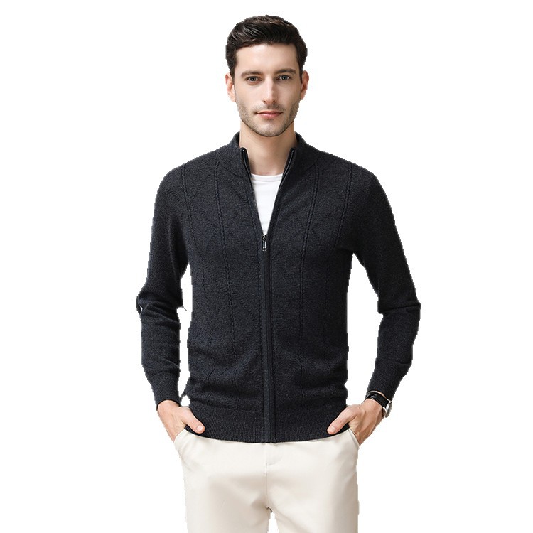 Hombres de mediana edad ligeros y casuales de cuello cremallera cardigan chaqueta de lana de invierno de otoño delgado suéter de punto de moda