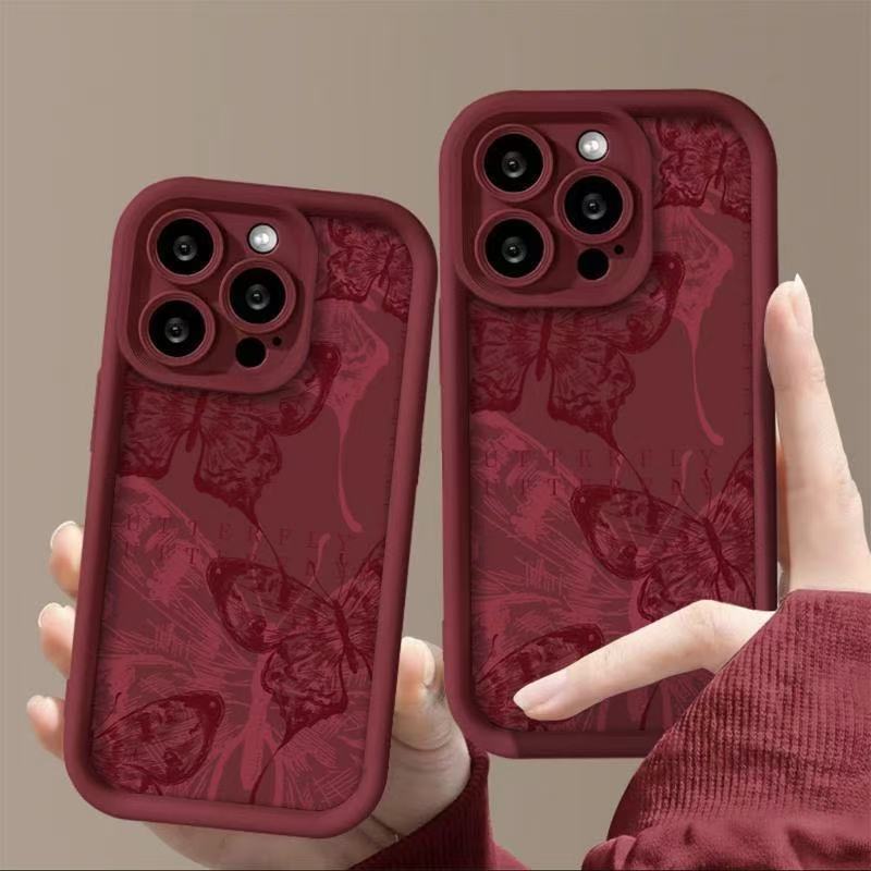 High-End Wine Red Butterfly Suitable for Apple 17Promax 16Plus13 Mobile Phone Case 12 11 Soft 7P Ladder Case 15