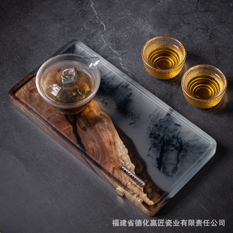 Bandeja de té de punto de fábrica, lujo, alta calidad, madera maciza, nueva tinta china, resina epoxi, bandeja de té de espuma seca