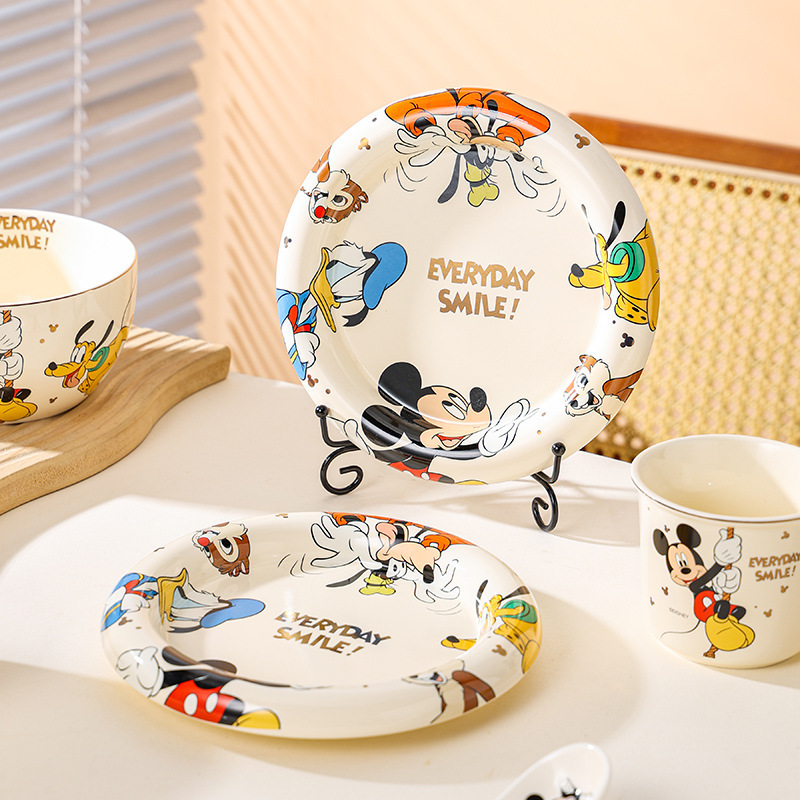 Mickey and Minnie High-End Home-Use Thick-Edged Plate Set, Light Luxury Cream Style Children's Ceramic Household Plates