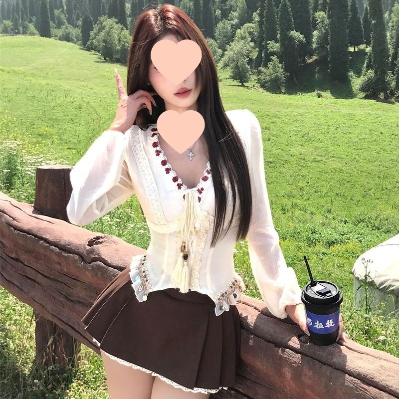纯欲甜辣修身设计感长袖t恤上衣秋季新款高腰显瘦咖色半身裙套装|undefined