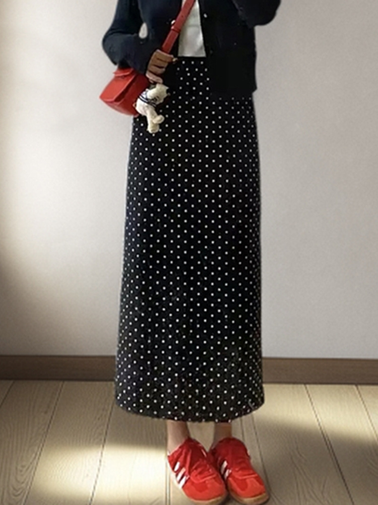 ハイウエスト水玉柄スカート レディース Aライン スリット入りミディ丈 2026夏新作 水玉柄ヒップスカートA 在庫あり