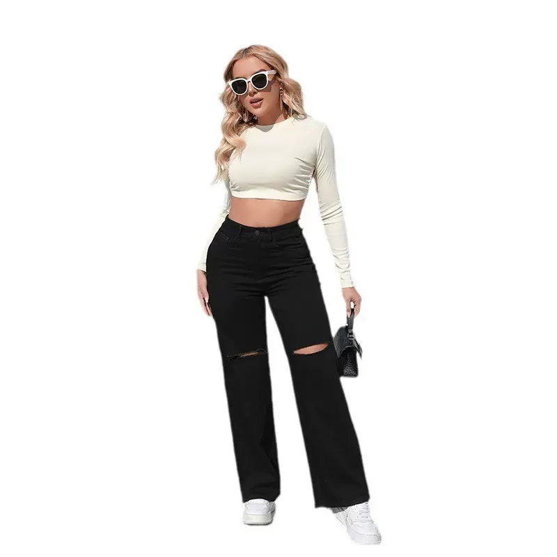 牛仔裤长款欧美亚马逊新款潮流时尚中腰宽松破洞喇叭裤女