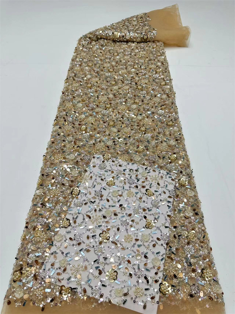 Tejido de malla de sequilla, tejido bordado de tubo de perlas, vestido de brindis, vestido de boda, suministro spot