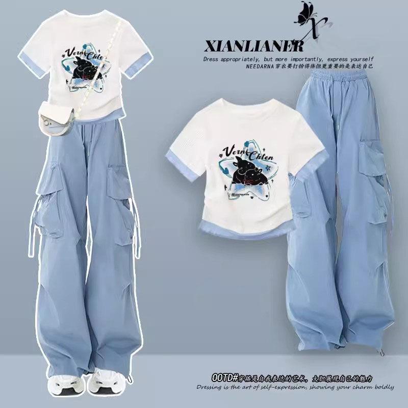 初中生高中生少女夏季套装酷女孩短袖T恤+工装裤宽松休闲两件套潮