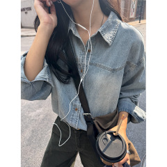广州黄峥早秋新款韩系简约百搭宽松休闲牛仔衬衫长袖衬衣潮530064