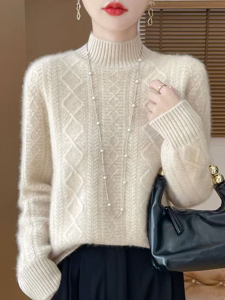 Cashmere Sweater Women's 24 Autumn and Winter New Half High Collar Base Shirt Thickened Knitted Sweater Inner Jacket Loose Solid Color Linen