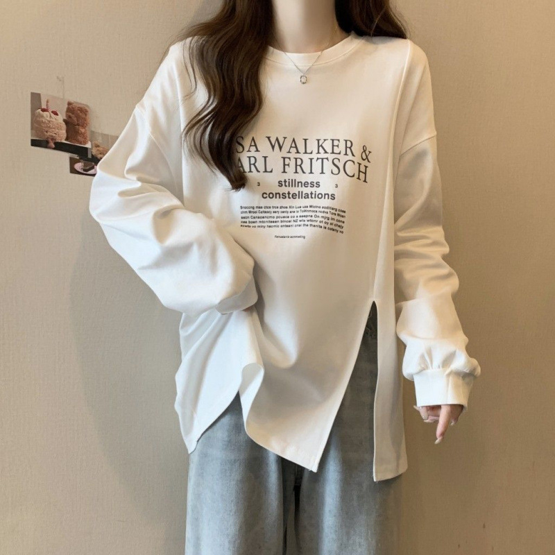 开叉长袖T恤卫衣女春秋冬季新款宽松显瘦大码中长款打底衫上衣女|undefined
